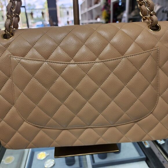 NWTS!AUTHENTIC Chanel Double Flap Beige Caviar Quilted Gold Purse/Shoulder Bag - Picture 2 of 9